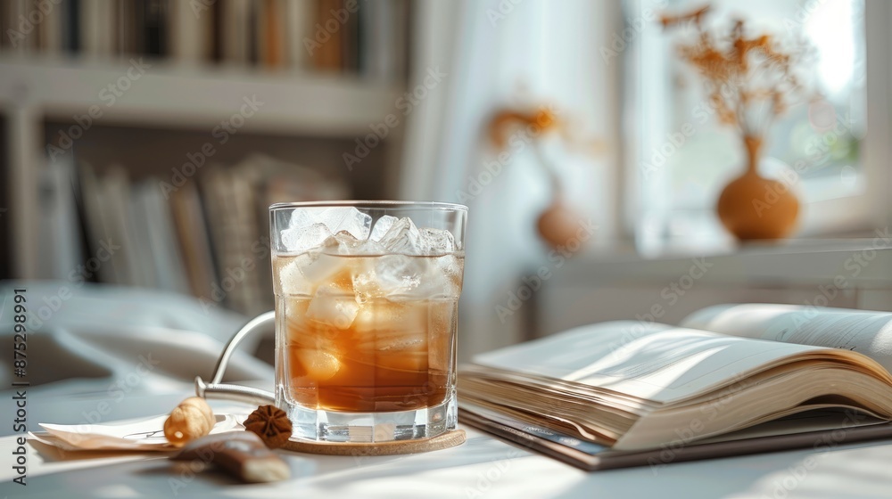 Simple design dining table, home cafe, white-toned objects, soft lighting, close-up of glass with iced Americano and a book placed together. Generative AI. Simple design dining table, home cafe, white-toned objects, soft lighting, close-up of glass with iced Americano and a book placed together. Generative AI.
