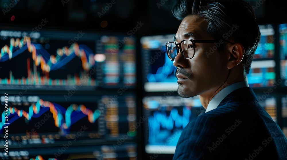 a businessman in glasses follows the state of the market, looking at the chart of price increases and decreases of cryptocurrencies and common currencies on a large screen that hangs on the wall a businessman in glasses follows the state of the market, looking at the chart of price increases and decreases of cryptocurrencies and common currencies on a large screen that hangs on the wall