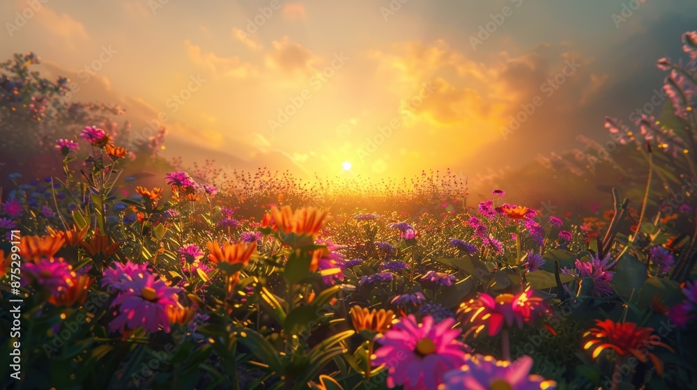 Obraz premium Golden Sunset Over a Field of Flowers