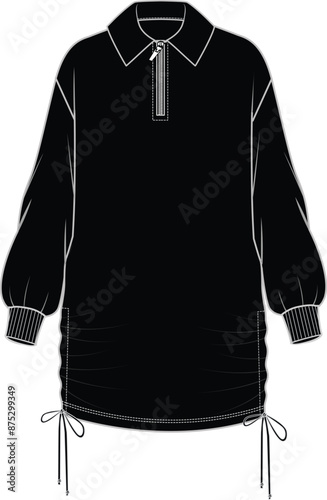 Women's Zip Front Sweat Dress. Technical fashion illustration. Front, black color. Women's CAD mock-up.