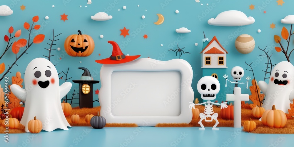 Happy Halloween: A 3D Illustration with Skeletons, Ghosts, and Pumpkins