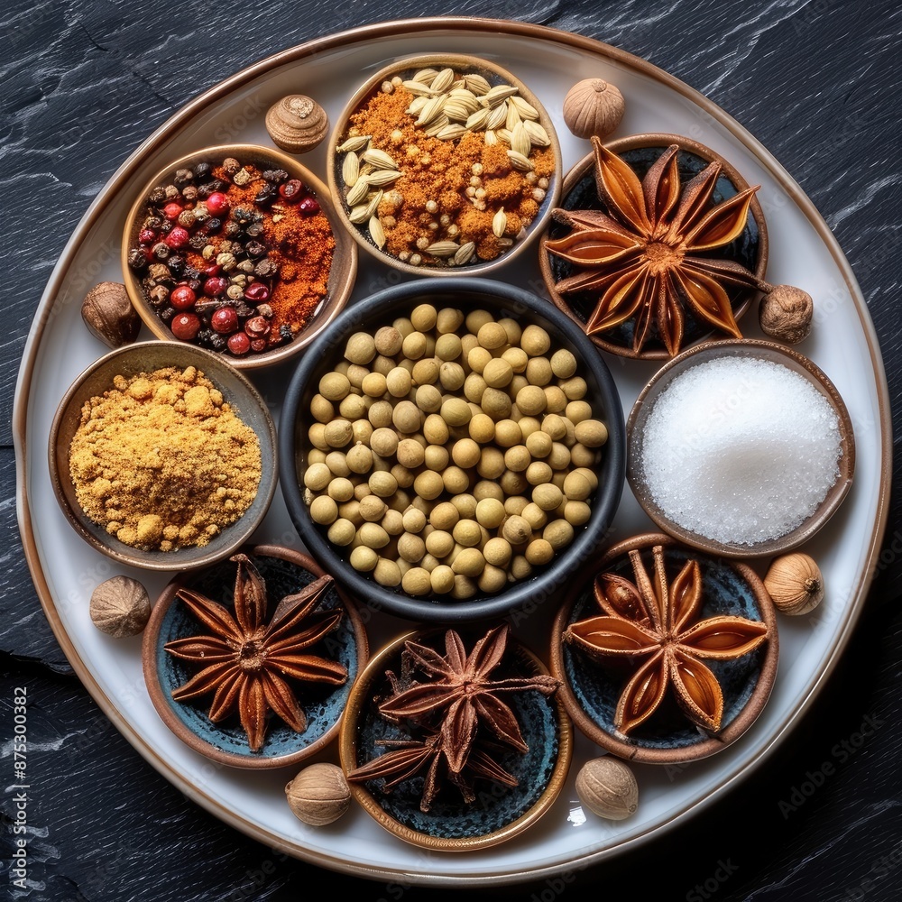 Neatly arranged collection of Indian spices on a round plain white plate, top view, isolated on dark background. Generative AI. Neatly arranged collection of Indian spices on a round plain white plate, top view, isolated on dark background. Generative AI.