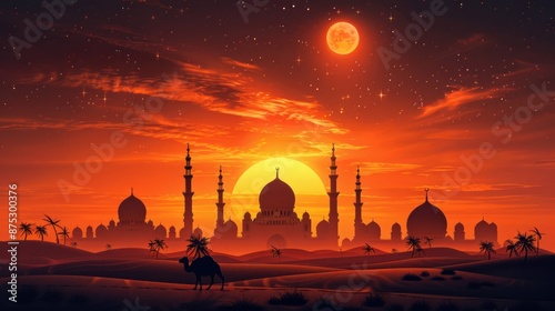 Silhouette of Mosque and Camel at Sunset in the Desert