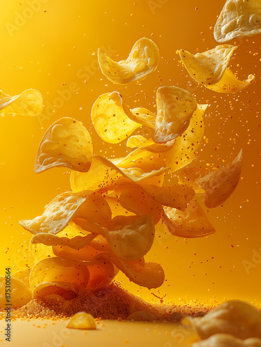  A dynamic close-up of potato chips tossed in mid-air, surrounded by crumbs