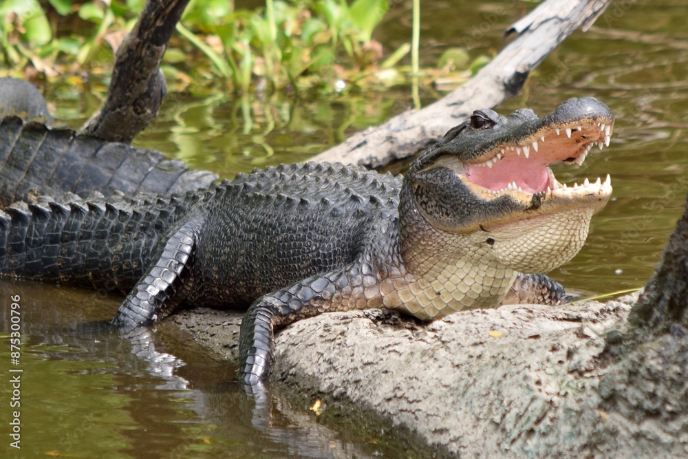 alligator in the swamp laying on a log open mouth alligator in the swamp laying on a log open mouth