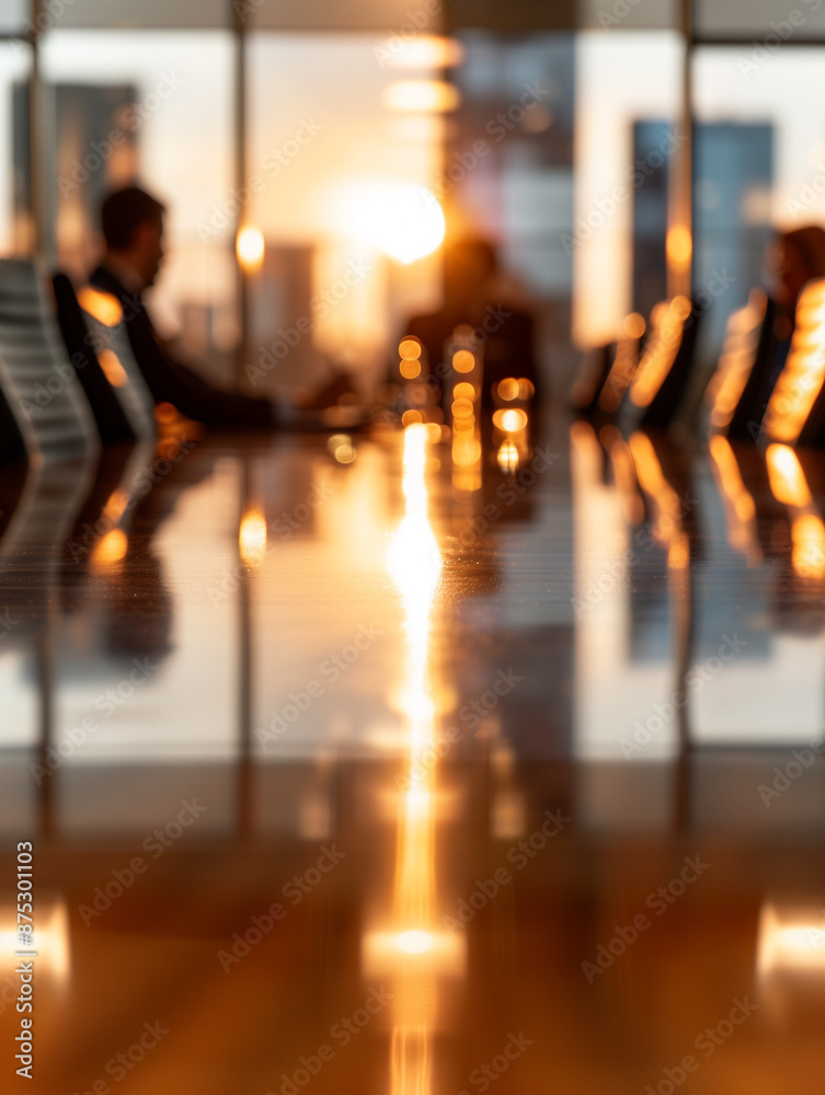 modern conference room with a long table, chairs, and an open laptop, bathed in the warm glow of the setting sun visible through glass walls, creating a serene atmosphere for reflection at the end of modern conference room with a long table, chairs, and an open laptop, bathed in the warm glow of the setting sun visible through glass walls, creating a serene atmosphere for reflection at the end of