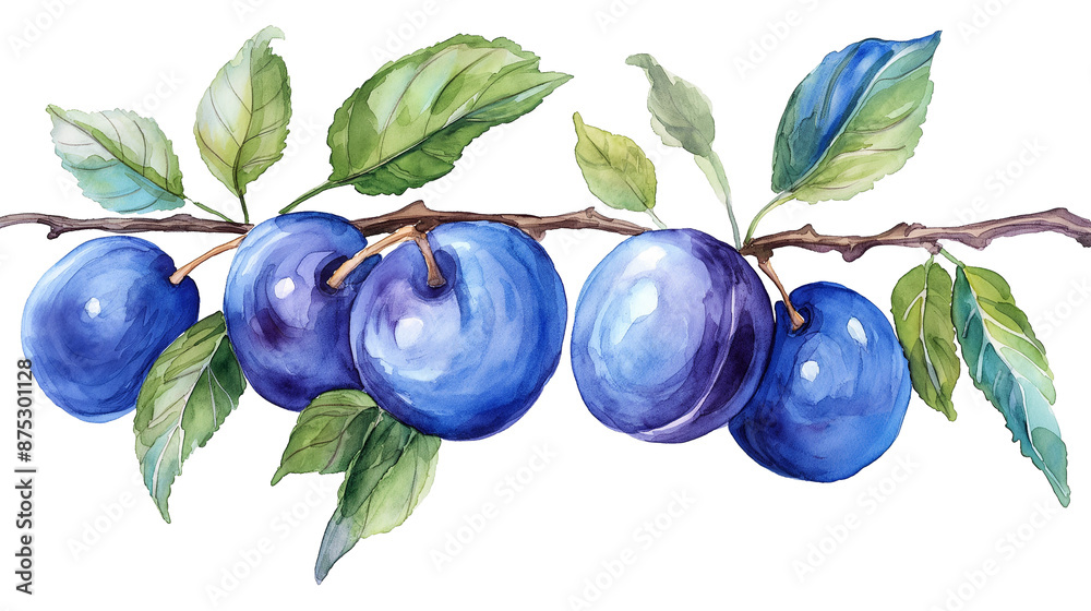 Watercolor ripe blue plums on a branch with green leaves Hand Hand-drawn illustration isolated on a transparent background Watercolor ripe blue plums on a branch with green leaves Hand Hand-drawn illustration isolated on a transparent background
