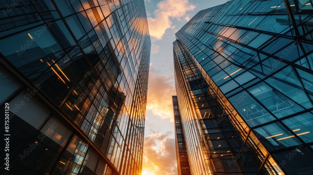 Modern office building or business center. High-rise window buildings made of glass reflect the clouds and the sunlight. empty street outside wall modernity civilization. growing up business Modern office building or business center. High-rise window buildings made of glass reflect the clouds and the sunlight. empty street outside wall modernity civilization. growing up business