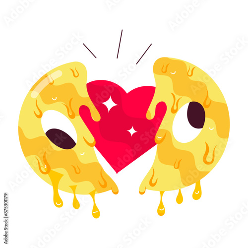 A comic style mascot of melting broken emoji with heart in it

