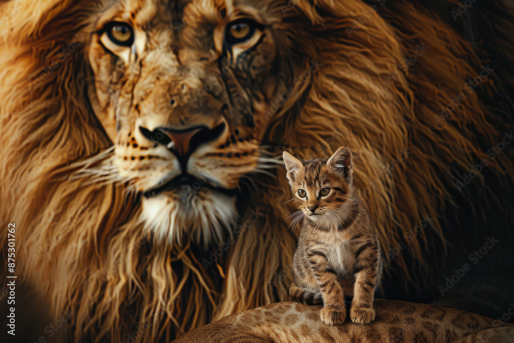 A small kitten sits beside a majestic lion against a rich, textured background, symbolizing contrasts between innocence and power, new beginnings, and legacy. A small kitten sits beside a majestic lion against a rich, textured background, symbolizing contrasts between innocence and power, new beginnings, and legacy.