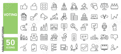 Set of 50 line icons related to voting, election, democracy, voter, political, Editable stroke. Vector illustration