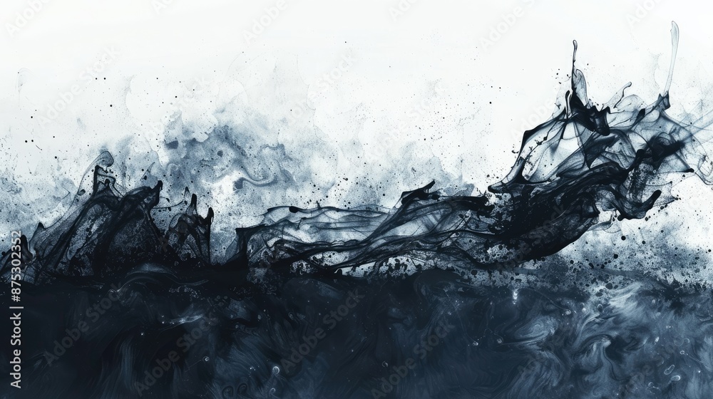 Abstract black ink in water creates swirling patterns and textures on a white background. Perfect for creative and artistic projects. Abstract black ink in water creates swirling patterns and textures on a white background. Perfect for creative and artistic projects.