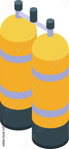 Yellow diving cylinders connected with a tube, isometric icon