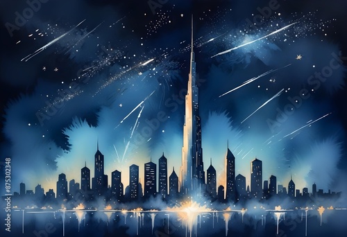 large futuristic Sckyscraper in the city on a dark Blue background, light on the base, light Lines frame on It, sparkling colorful aura around It, stars and lines in the background  photo