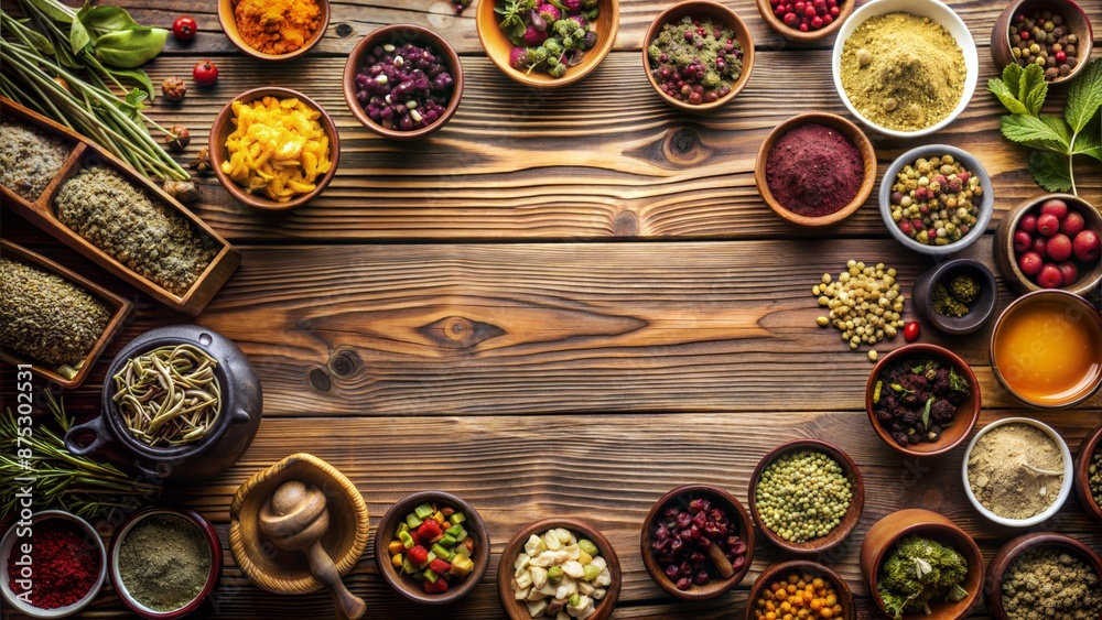 top view various flavor dried herbs lay flat wooden table mock up blank space text top view various flavor dried herbs lay flat wooden table mock up blank space text
