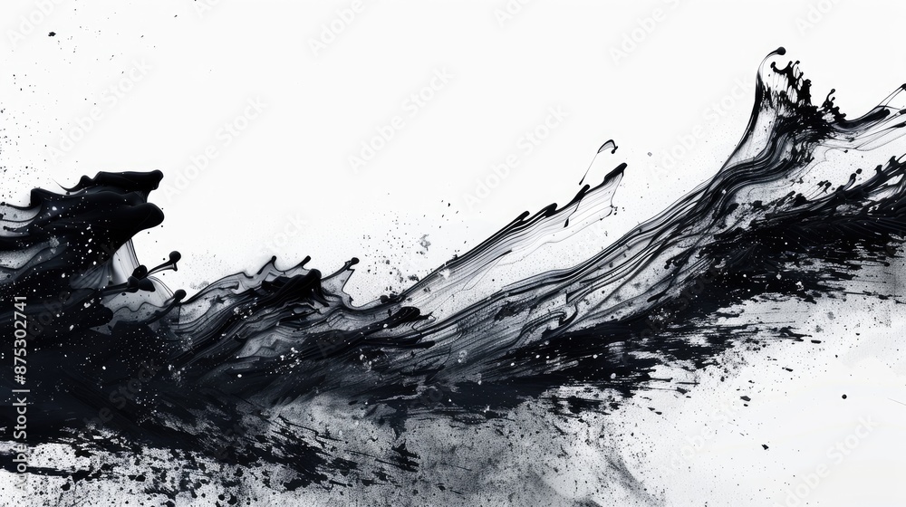Abstract black ink splash on a white background, capturing fluid motion and artistic expression in a minimalist monochromatic design. Abstract black ink splash on a white background, capturing fluid motion and artistic expression in a minimalist monochromatic design.