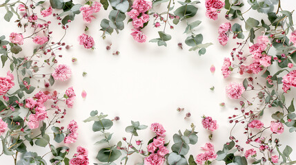 Flower composition featuring a frame made of pink flowers and eucalyptus branches on a white background. Valentine's Day, Mother's Day, and Women's Day concept. Flat lay, top view.