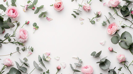 Flower composition featuring a frame made of pink flowers and eucalyptus branches on a white background. Valentine's Day, Mother's Day, and Women's Day concept. Flat lay, top view.