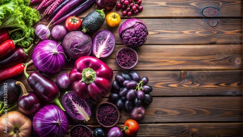 Fototapeta Naklejka Na Ścianę i Meble -  top view various purple veggies fruits lay flat wooden table mock up blank space text