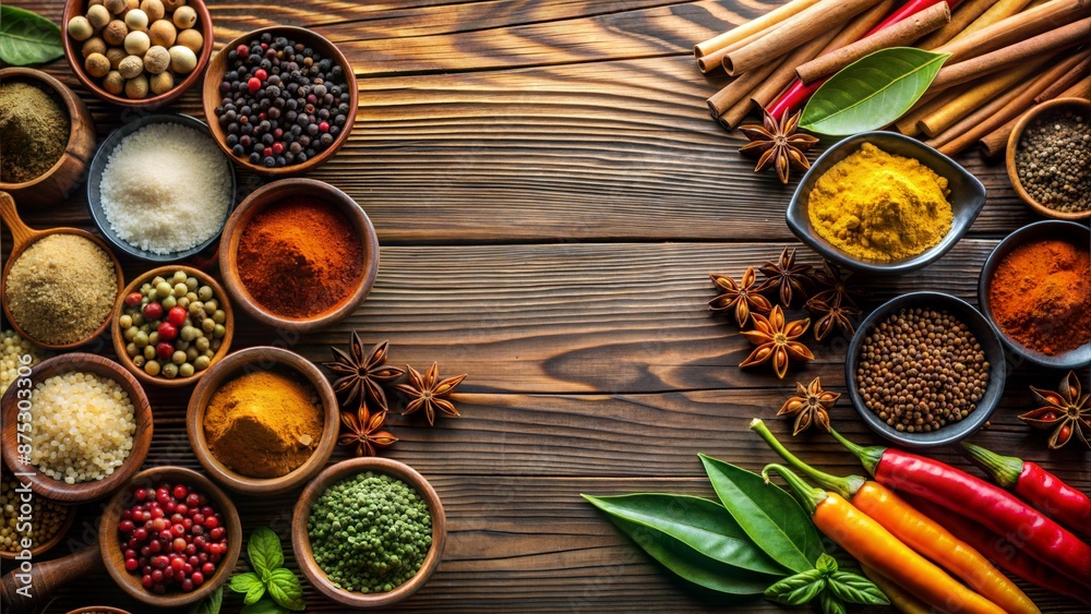 top view various spices ingredients Southeast Asian cooking lay flat table mock up blank space text top view various spices ingredients Southeast Asian cooking lay flat table mock up blank space text