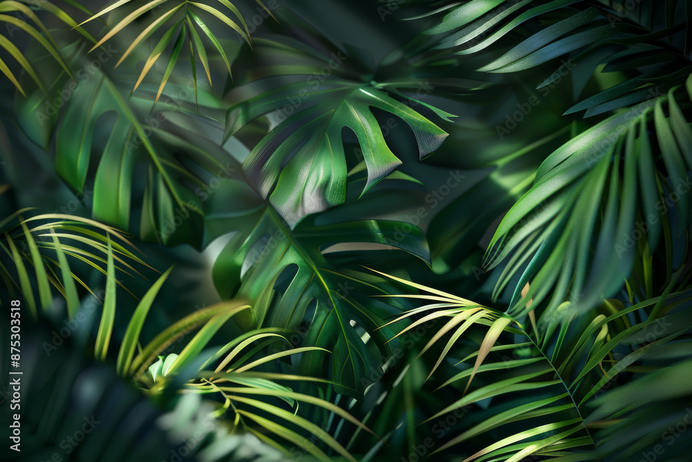 Fototapeta premium A lush collection of vividly detailed tropical leaves, showcasing a variety of shapes and shades of green, creating a vibrant and rejuvenating atmosphere.
