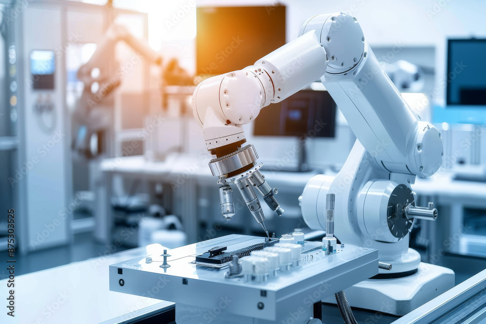A robotic arm meticulously assembles intricate components in a futuristic laboratory, bathed in cool blue lighting with a touch of warm sunlight filtering through. A robotic arm meticulously assembles intricate components in a futuristic laboratory, bathed in cool blue lighting with a touch of warm sunlight filtering through.