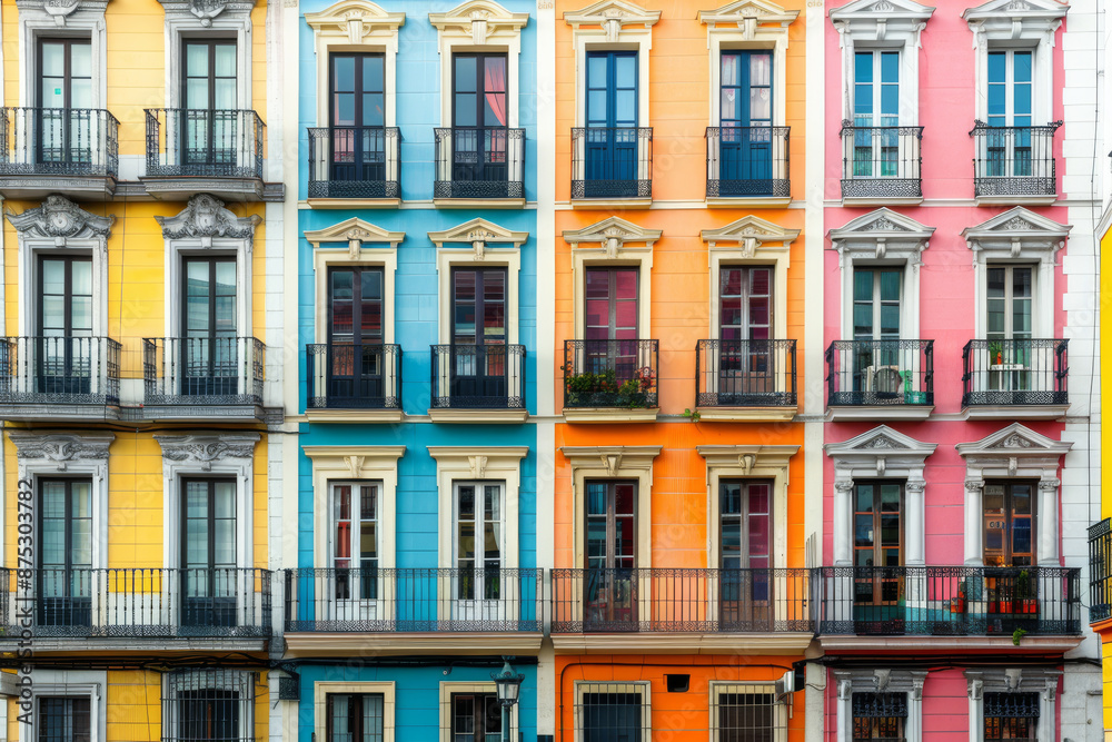 A captivating image of tall, colorful apartment buildings in a sunny urban setting, showcasing a palette of pastel hues and intricate architectural details. A captivating image of tall, colorful apartment buildings in a sunny urban setting, showcasing a palette of pastel hues and intricate architectural details.