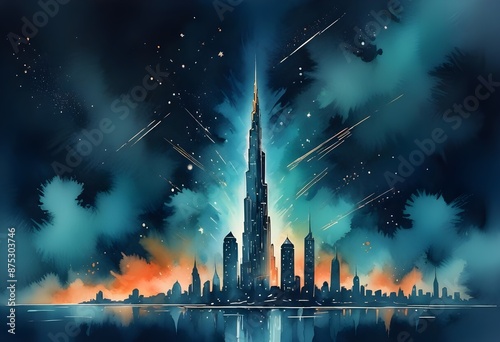 large futuristic Sckyscraper in the city on a dark Blue background, light on the base, light Lines frame on It, sparkling colorful aura around It, stars and lines in the background  photo