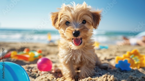 Close up hairy little dog on the beach, generative ai