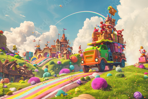 In a whimsical cartoon world, a magically animated cart races down a rainbow-colored highway, brimming with oversized parcels and boxes. The surroundings are filled with quirky characters and fantasti