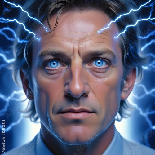 Telepathy, telepathic man with electric sparks signifying clairvoyance