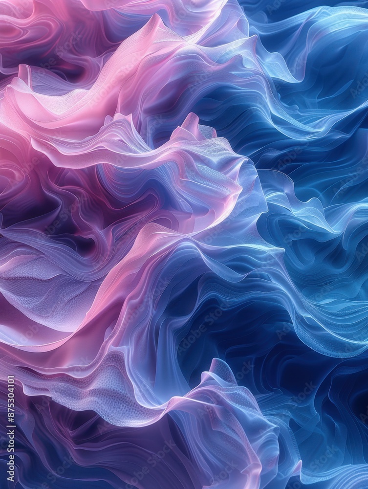 Swirling, semi-transparent layers of pastel pink and blue create an ethereal, wavy pattern, resembling delicate fabric or flowing water, in an abstract digital artwork. Swirling, semi-transparent layers of pastel pink and blue create an ethereal, wavy pattern, resembling delicate fabric or flowing water, in an abstract digital artwork.
