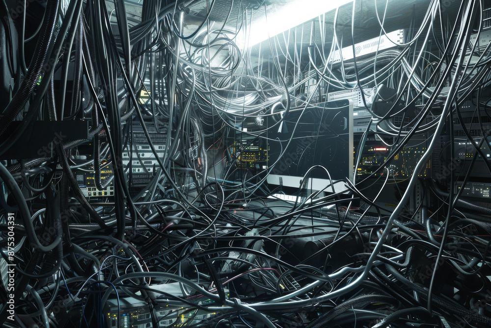 Obraz premium A chaotic server room with tangled wires and cables sprawling across racks and surfaces, illuminated by overhead lights.