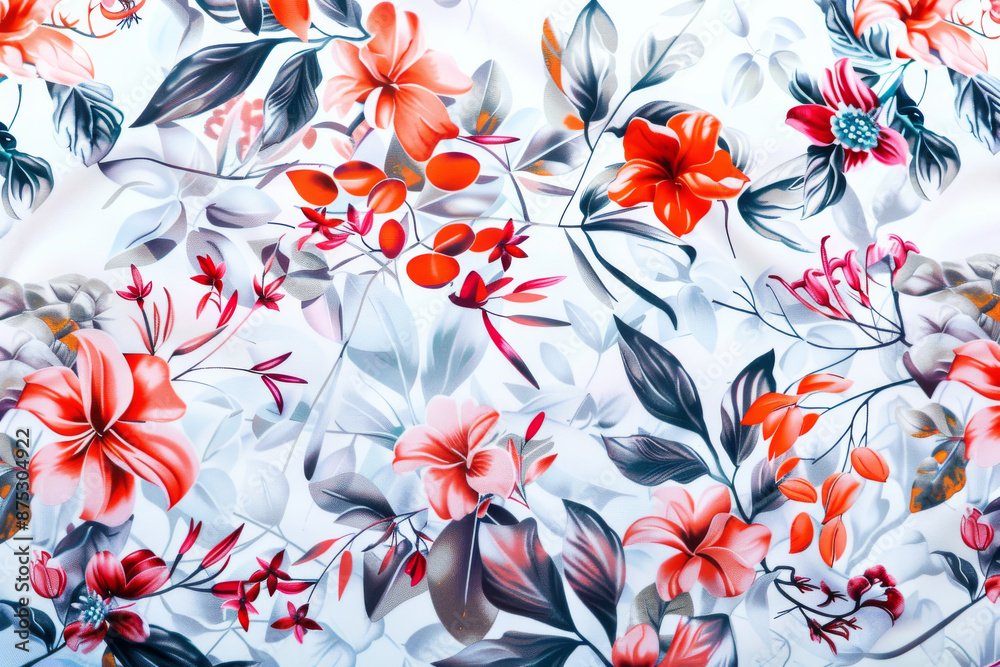 A vibrant floral pattern with a mix of red, orange, and pink flowers amidst green and gray leaves on a light background, creating a lively design. A vibrant floral pattern with a mix of red, orange, and pink flowers amidst green and gray leaves on a light background, creating a lively design.