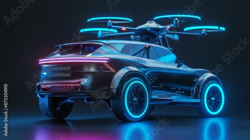 Futuristic flying car with neon lights and drone propellers glowing in dark night futuristic technology concept