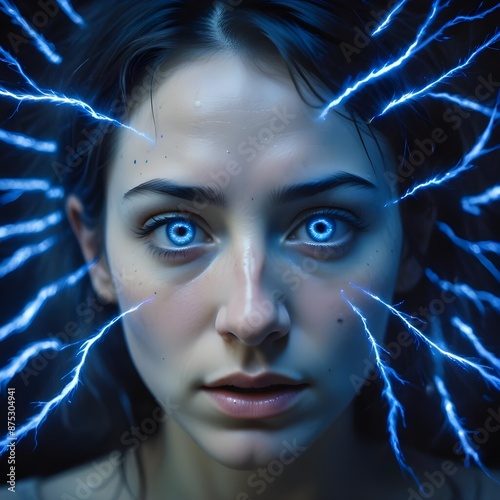 Telepathy, telepathic woman with electric sparks signifying clairvoyance