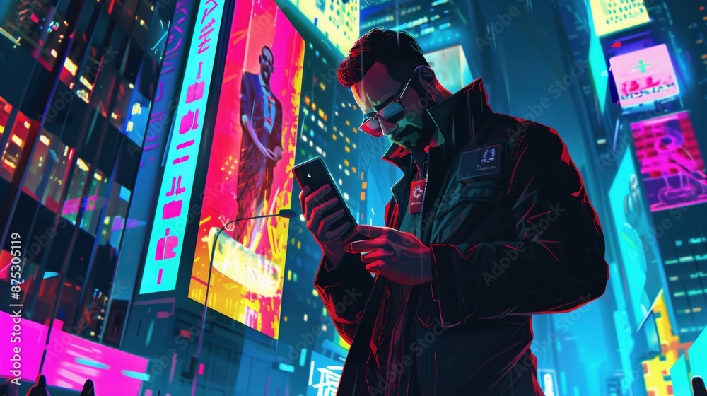 Fototapeta premium A man in a leather jacket, standing on a busy street, checking his Phone. The city background is a blend of vibrant billboards and pastel skyscrapers, illustrated in a modern, stylish manner.