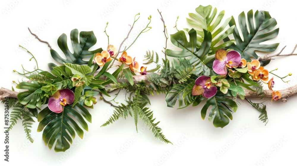 Tropical vibes plant bush floral arrangement with tropical leaves Monstera and fern and Vanda orchids tropical flower decor on tree branch liana vine plant isolated on white background.