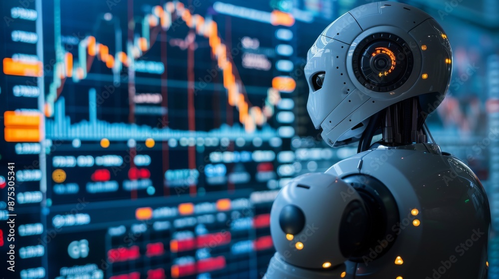 A futuristic robot with artificial intelligence analyzes the cryptocurrency market, which is represented by charts of falling and rising prices on a large screen A futuristic robot with artificial intelligence analyzes the cryptocurrency market, which is represented by charts of falling and rising prices on a large screen
