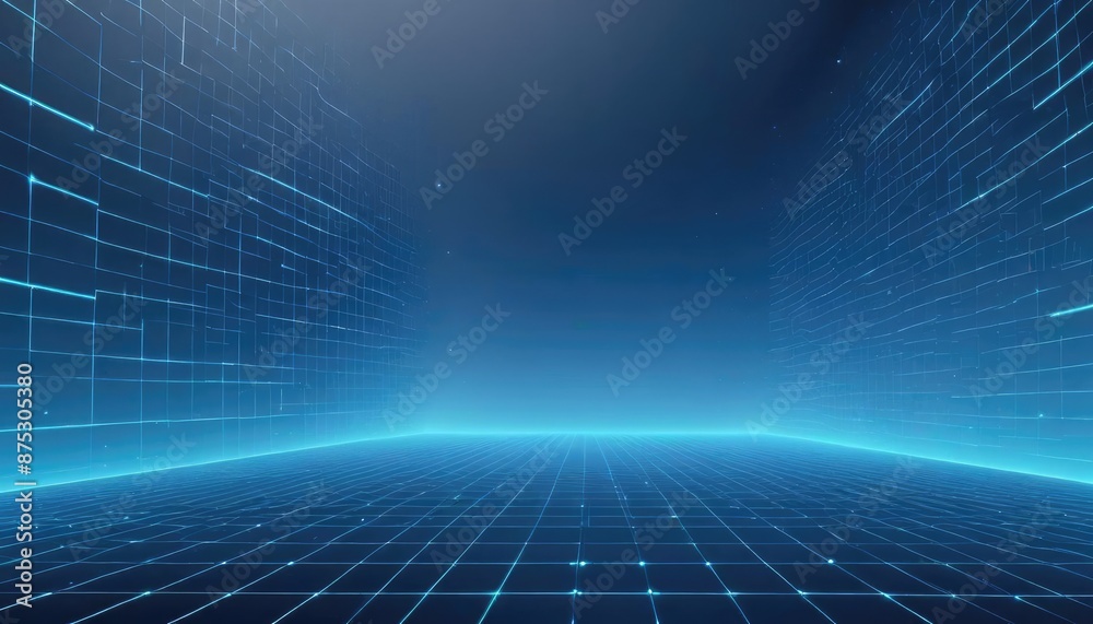 Abstract blue grid perspective design background with lighting. High technology lines landscape connect of future Abstract blue grid perspective design background with lighting. High technology lines landscape connect of future