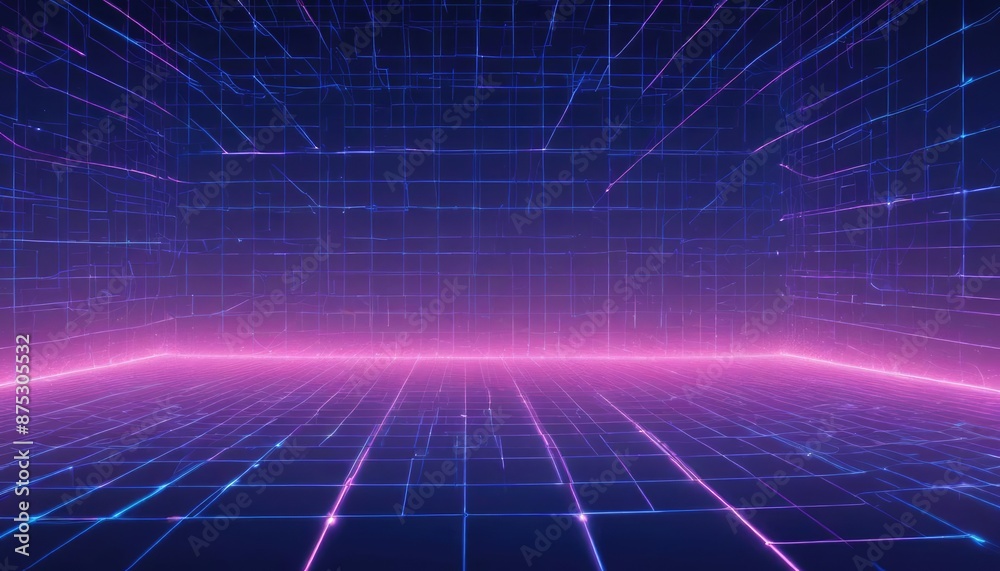 Abstract blue grid perspective design background with lighting. High technology lines landscape connect of future Abstract blue grid perspective design background with lighting. High technology lines landscape connect of future
