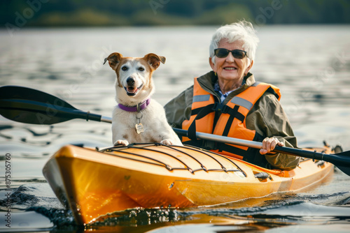 An elderly person enjoying a peaceful kayak ride with a happy dog beside them, both wearing life jackets, on a serene lake.