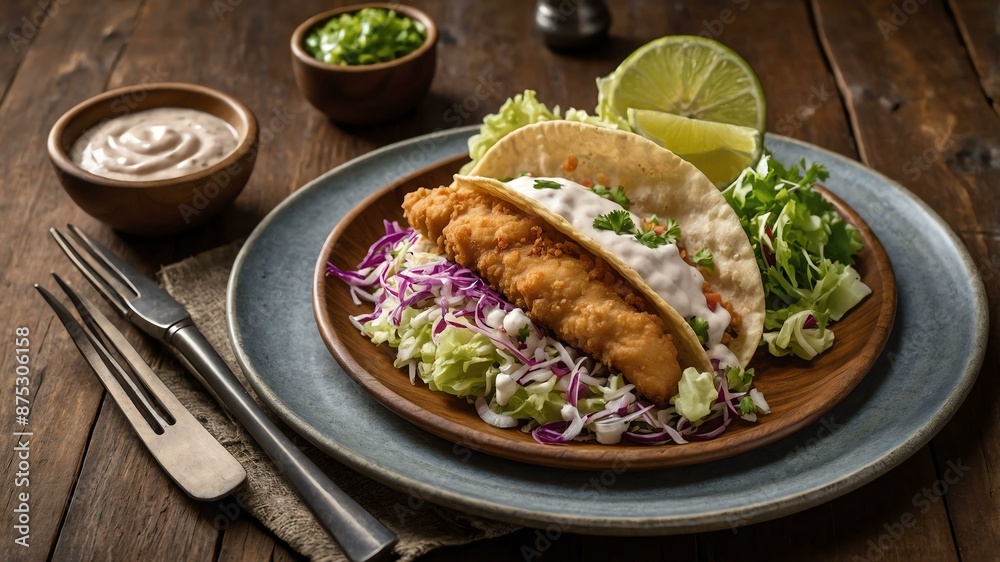 fish baja style taco beerbattered and fried fish ofte served aesthetically in a wooden plate and table fish baja style taco beerbattered and fried fish ofte served aesthetically in a wooden plate and table