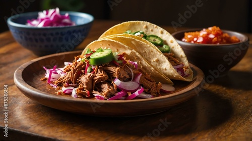 cochinita pibil taco served aesthetically in a wooden plate and table