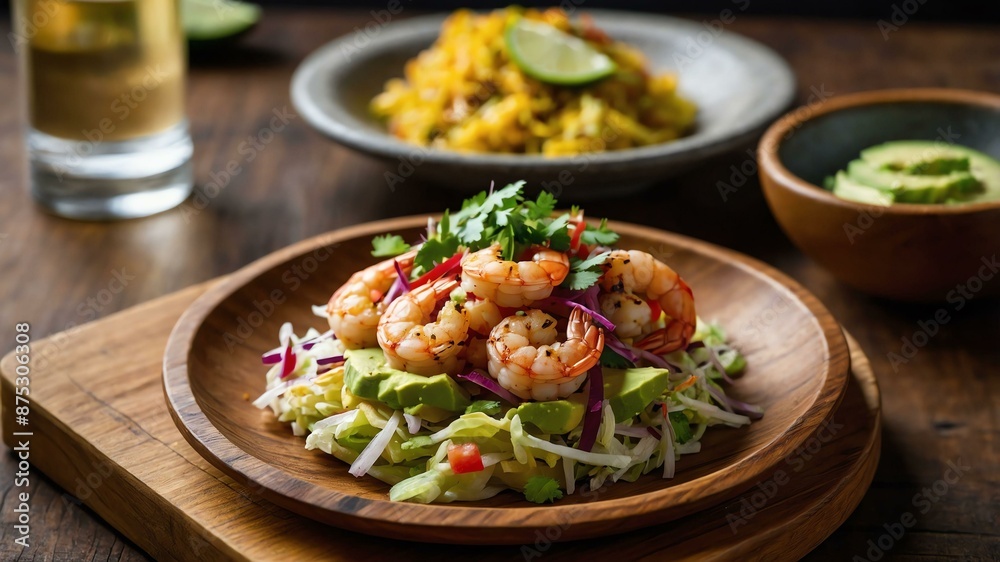 shrimp camaron taco grilled or sauted shrimp served aesthetically in a wooden plate and table shrimp camaron taco grilled or sauted shrimp served aesthetically in a wooden plate and table