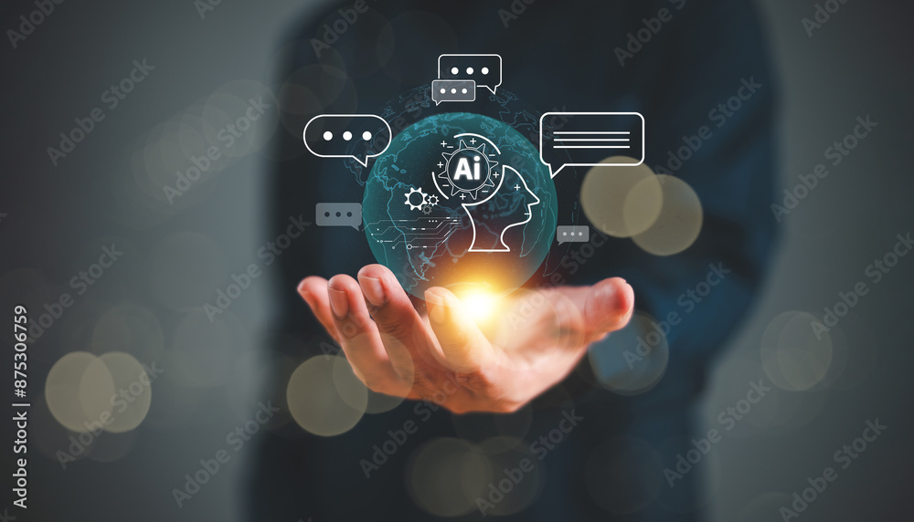 Ai bot business technology concept, Artificial Intelligence tech. Human chat with robot in virtual global communication hologram on hand man. Chatbot conversation for company development service app Ai bot business technology concept, Artificial Intelligence tech. Human chat with robot in virtual global communication hologram on hand man. Chatbot conversation for company development service app