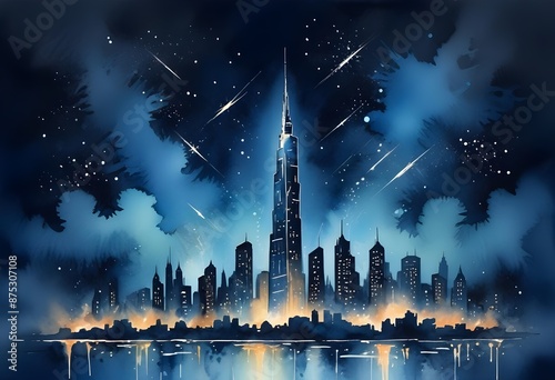 large futuristic Sckyscraper in the city on a dark Blue background, light on the base, light Lines frame on It, sparkling colorful aura around It, stars and lines in the background  photo