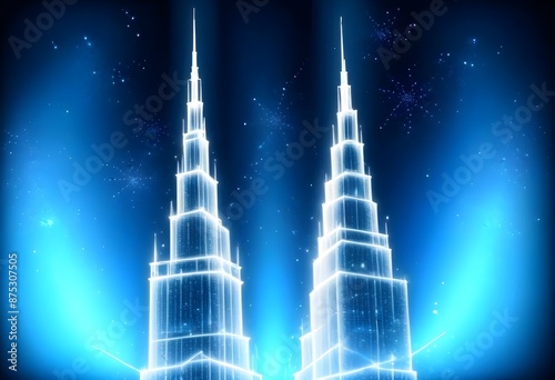 large futuristic Sckyscraper in the city on a dark Blue background, light on the base, light Lines frame on It, sparkling colorful aura around It, stars and lines in the background  photo