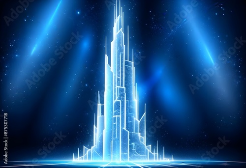 Sckyscraper drawing on a dark Blue background, light on the base, light Lines frame behind It, sparkling aura around It, stars in the background  photo