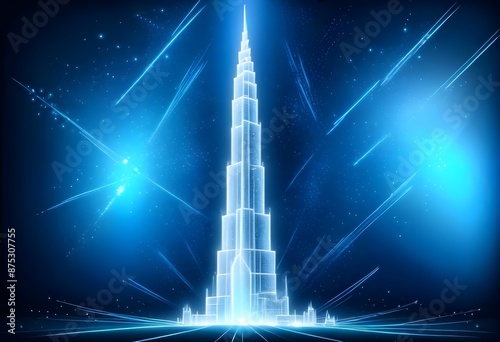 Sckyscraper drawing on a dark Blue background, light on the base, light Lines frame behind It, sparkling aura around It, stars in the background  photo